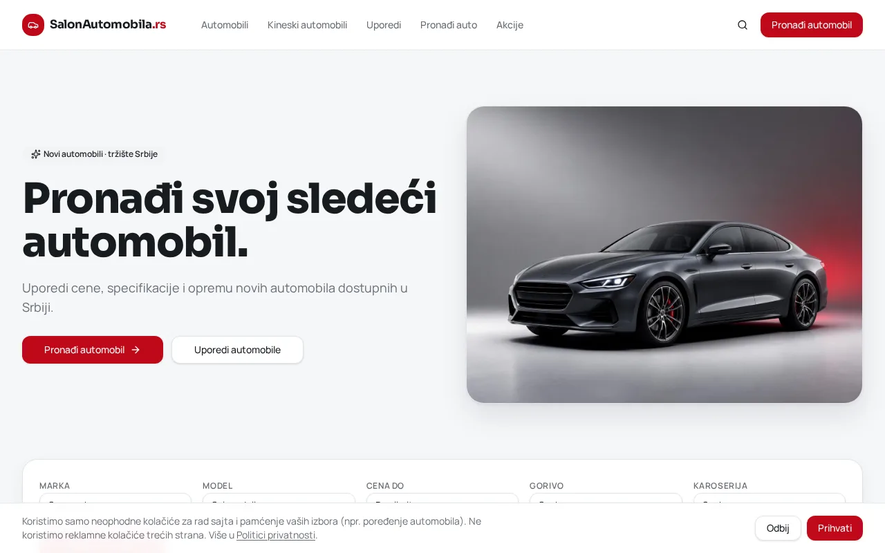 SalonAutomobila.rs homepage with the new-car search and filters
